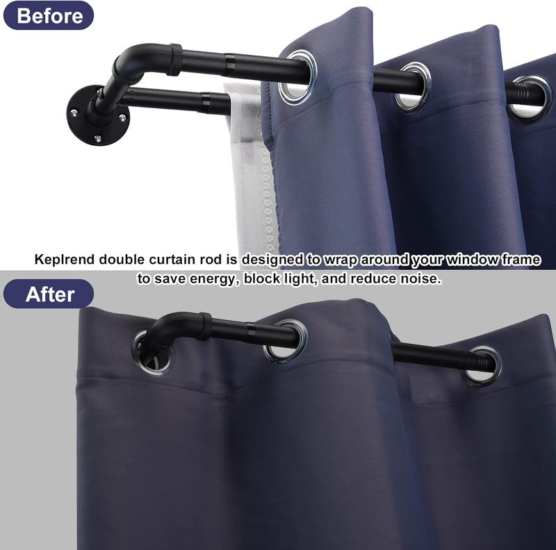 Keplrend Double Curtain Rod 72-144, Heavy Duty Blackout Double Curtain Rods for Windows 66 to 120 inch, Industrial Wrap Around Black Curtain Rods for Drapes and Curtains, Telescoping Adjustable - Image 3